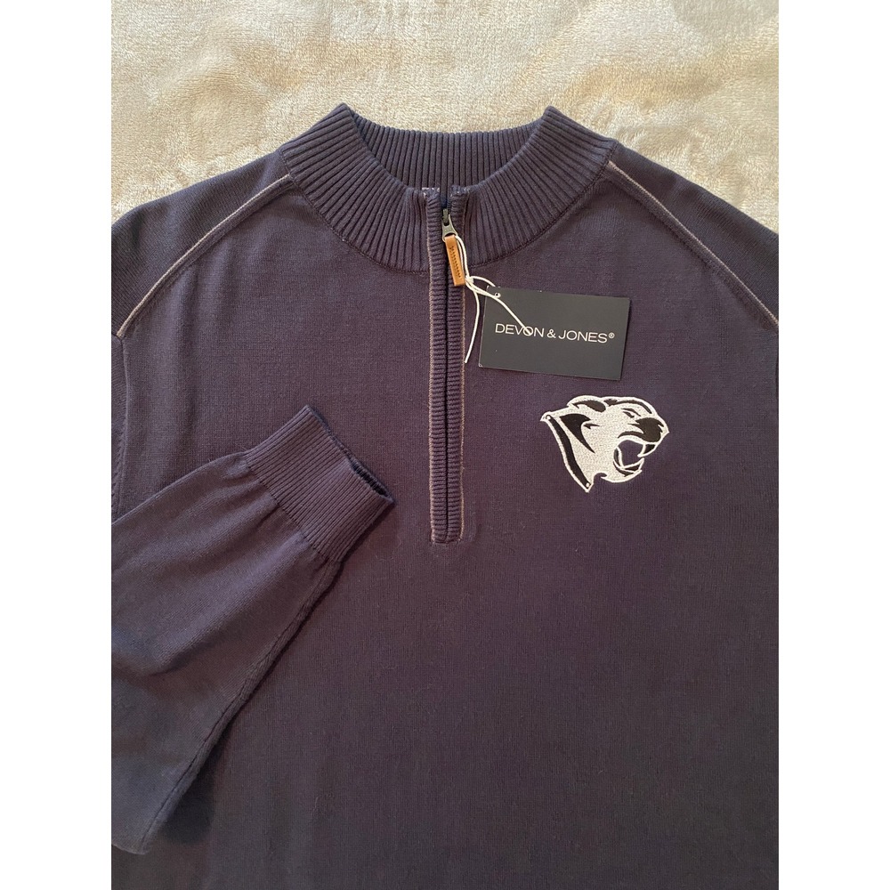 Devon & Jones Sweater Mens L Navy Blue Quarter Zip Panther Logo Cotton NEW‎